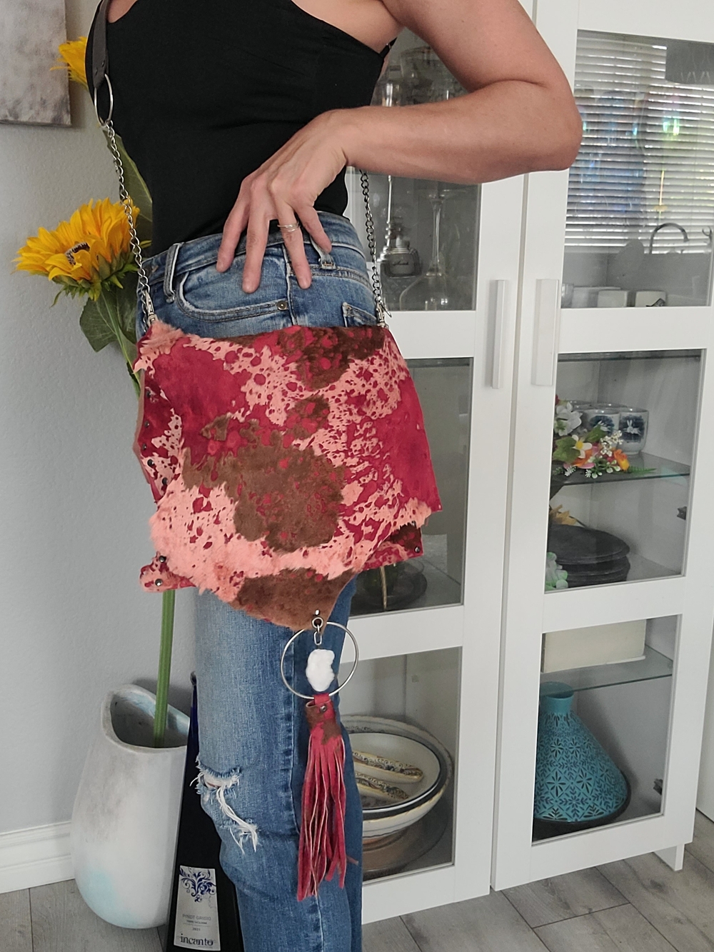 Women's Leather Hair On Waist Bag - Pink Brown Tie-Dye - Picture 7 of 7